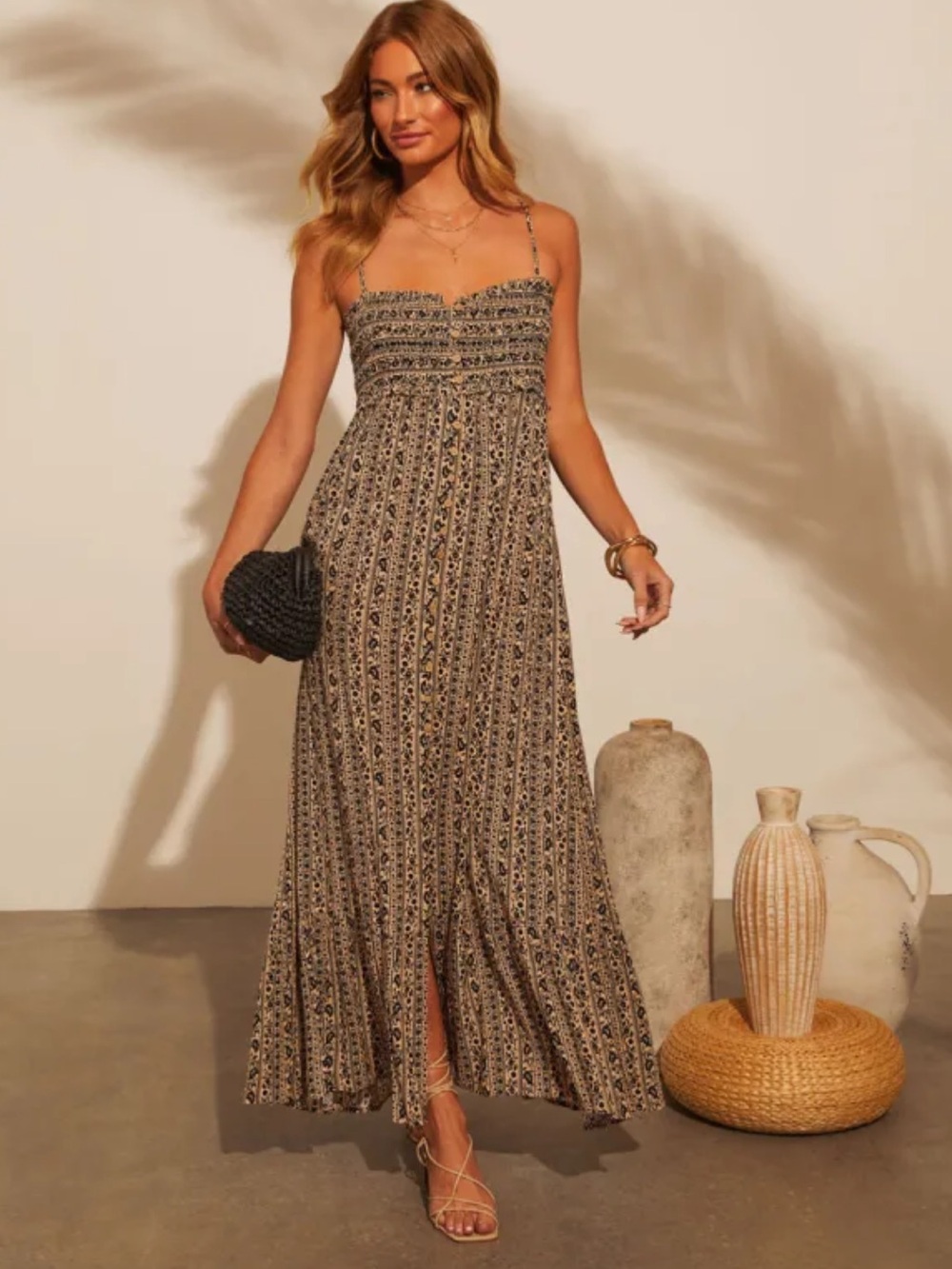 Vici Neutral Floral Smocked Maxi Dress in Beige and Black